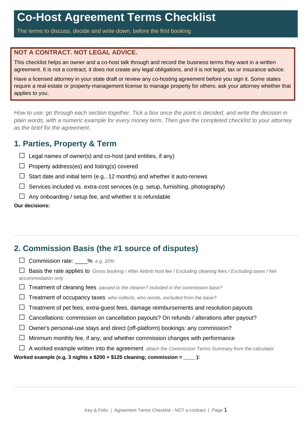 Co-host agreement terms checklist, marked not a contract