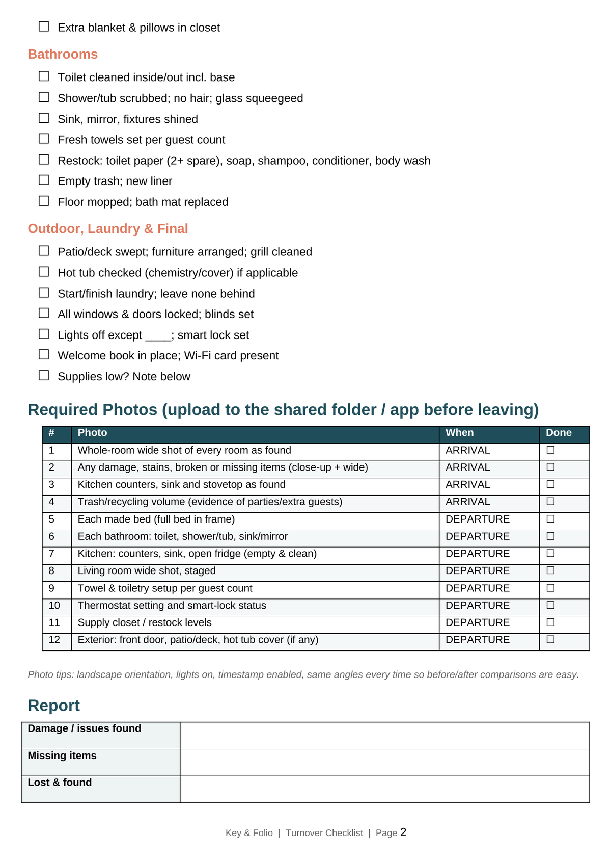 Cleaner turnover checklist with 12 required photos