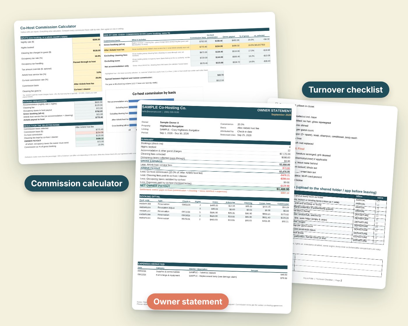 Key & Folio Co-Host Kit: commission calculator, monthly owner statement and cleaner turnover checklist